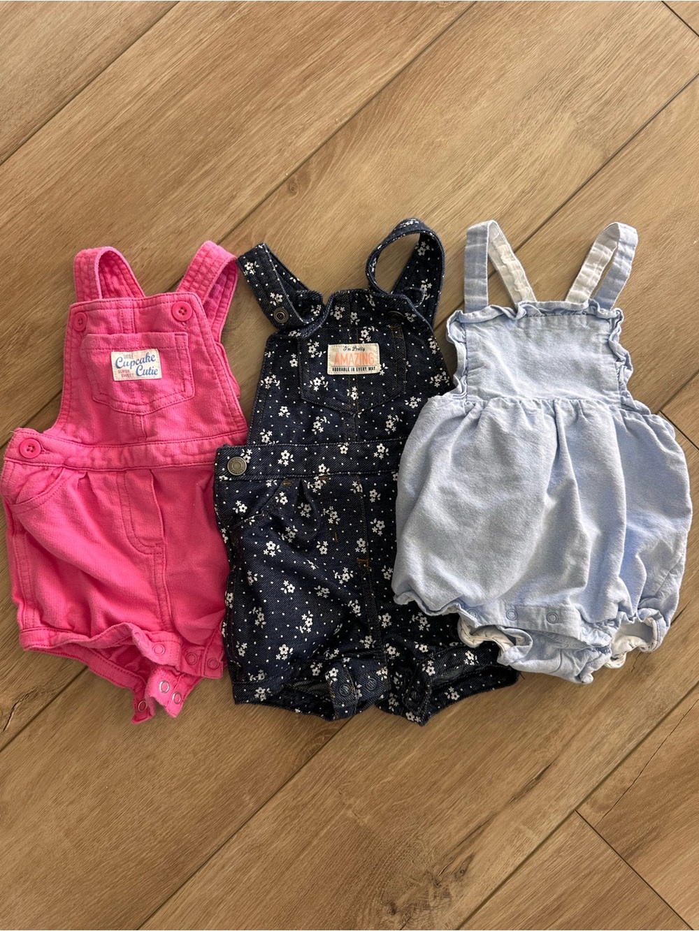 Baby Girl Short Overalls Bundle — Pink, Navy Floral, Light Blue (Janie and Jack)